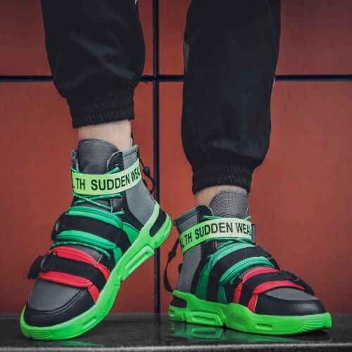 Mens Hip-hop Sneakers High-top Platform Casual Shoes Men Green Breathable Skateboard Shoes Fashion Buckle Design Sneakers Men