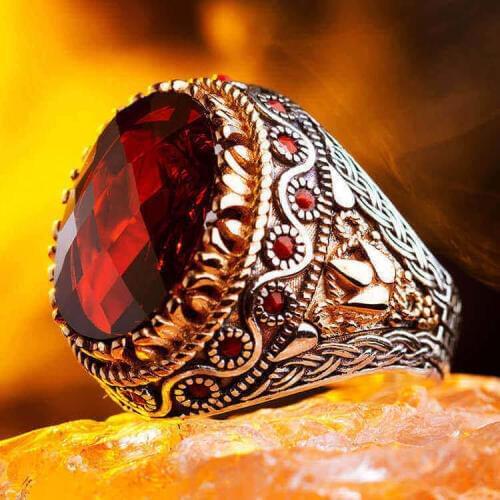 925 Sterling Silver Mens Ring with Faceted Red Zircon Stone Fashionable Ring For Men Red Zirconia Mens Ring