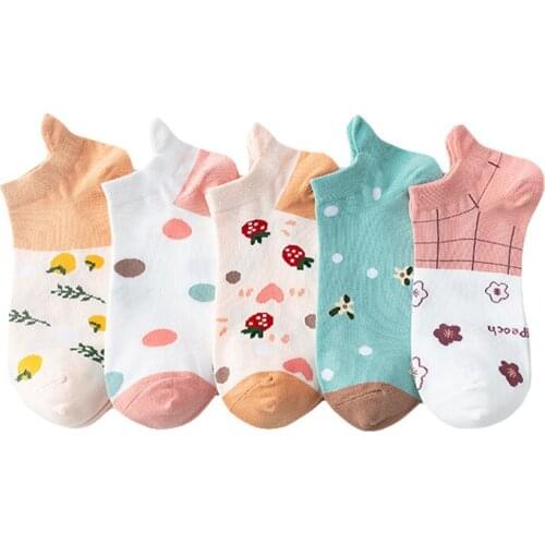 Fruit Strawberry Cotton Black Short Socks Women Heart Casual Dots Flowers Striped Sock Ladies Fashion Female Cartoon Girls Sox