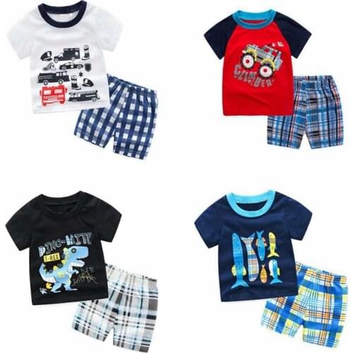 New Blue Baby Boy Pajamas Clothes Sets 100% Cotton Cartoon Kids Home Wear 2 3 4 5 6 7 Year Children Tee Shirts Shorts H032