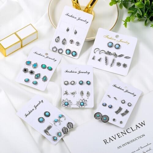 Retro Alloy Moon Cloud Turquoise Small Earrings Set For Women Fashion Simple Geometry Metal Stud Jewelry Wholesale