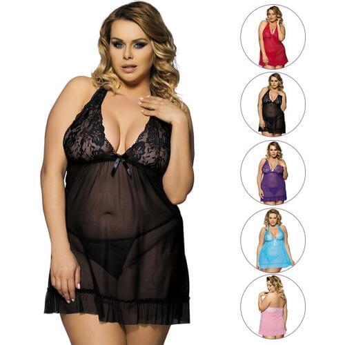Sexy Underwear Women Erotic Lace Transparent Lingerie Plus Size V Neck Backless Baby Doll Erotic Dress 5XL 6XL 7XL RS70098