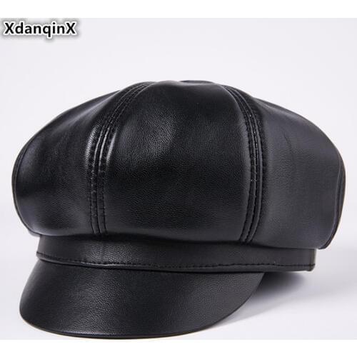 XdanqinX Genuine Leather Cap Mens Sheepskin Leather Hat Berets Middle-aged Winter Warm Brands Caps For Men Elegant Women Hats