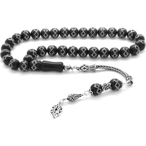 Tesbihane 925 Sterling Silver Anatolian Pattern Tassels Silver Engraved Russian Oltu Rosary