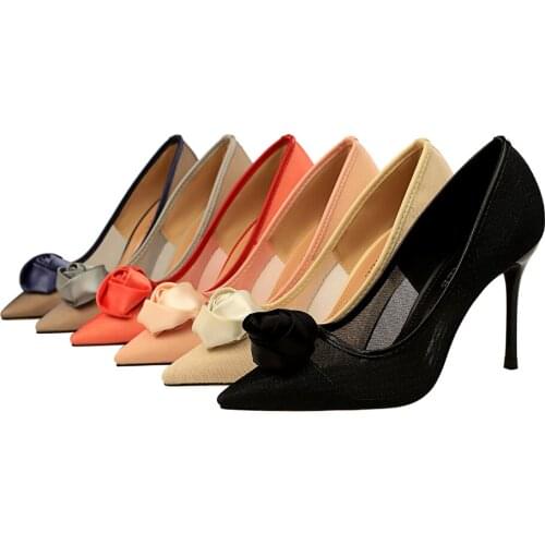 European and American sexy nightclub show thin heel high heel mesh hollow satin rose flower single shoe high heel 1853-2
