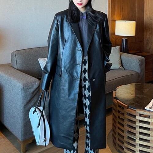 Vintage Women PU Leather Jacket Windbreaker Black Long Loose Faux Leather Trench Coat Casual Ladies Outwear