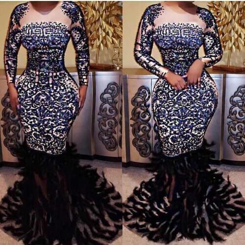 TOP QUALITY Hand-make Womens Long Sleeve Beading Feathers Floor-Length Dress Prom Party Dance Dress