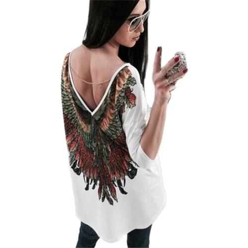 Large size womens clothing loose casual top back eagle wings Hollow Out tshirts printed bottoming shirt ladies long sleeved