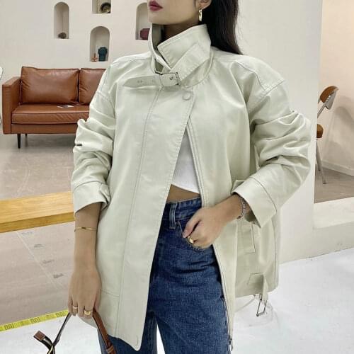 2021 PU Faux Leather Jackets Women Autumn Oversize Loose Biker Outwear Female Tops BF Style Black Beige High Street Coats Hiphop