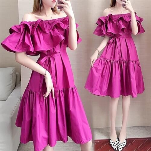 2020 Summer Women Dress Vintage High Street Knee-Length Dress Slash Neck Off the Shoulder Ruffles Dress Vestido Plus Size M-7XL