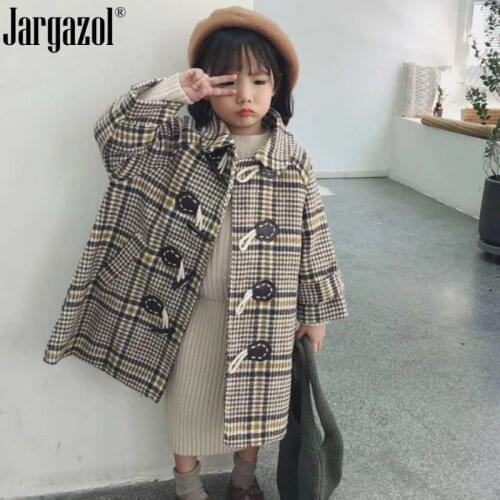 Girls Winter Overcoat Plaid Vintage Horn Buckle Coat for Kids Girl Cute Clothing Suit New Brand Girls Jacket Drop Shipping