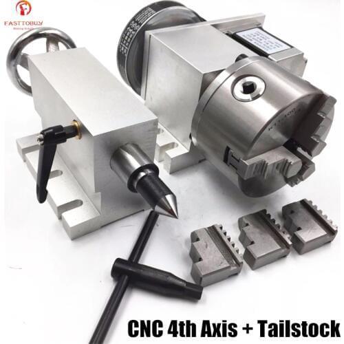 CNC 4th Axis 3 Jaw 100mm Lathe Chuck K11-100 Hollow Shaft CNC Rotary Axis + Tailstock-5 Ratio 6:1 Hollow Shaft for CNC Router