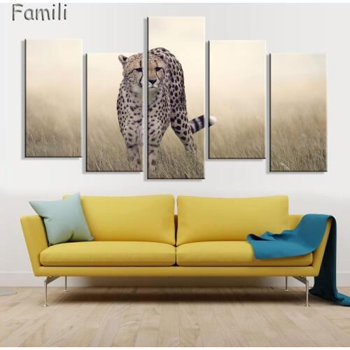 5 Panel Grassland Leopard Cheetah Wild Animals Modern Art Nature Picture For Home Decoration Silk Canvas Fabric Print Poster