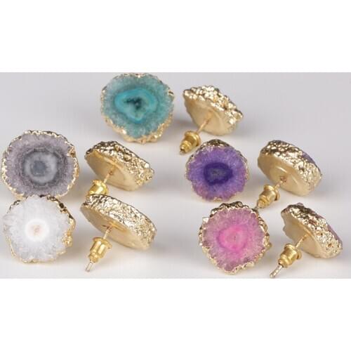 5pairs Gold Frame Blue Grey Black White Green Natural Solor Druzy Drusy Thick Stone Slice Bead Charm Women Stud Earrings Gift