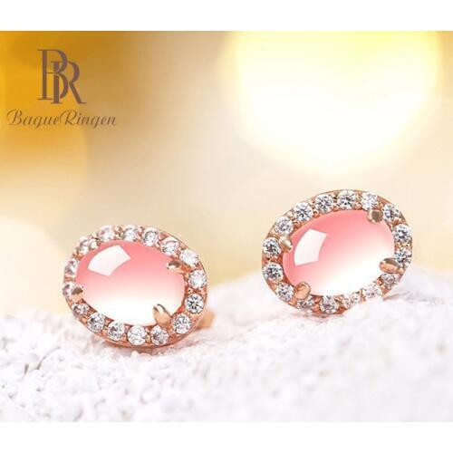 Begua Ringen New Arrival Fashion silver 925 Jewelry with Pink Natural Quartz Round Crystal Earring on Wedding Jewelry Wholesales