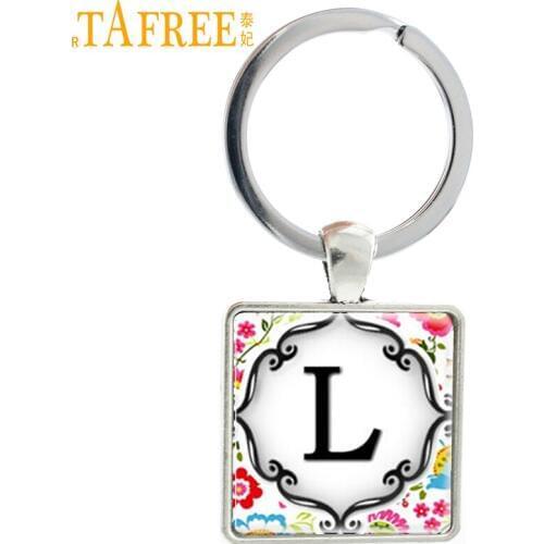 TAFREE Letter L keychain fashion charming Bright Floral letters glass dome metal key chain ring holder women men jewelry AA23