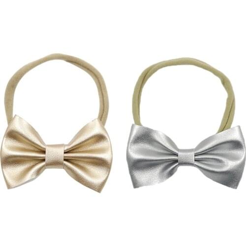 Kids Nylon Elastic Rope Leather Bow Headband Toddler Hairbands With Bowknot Solid Children Accessories