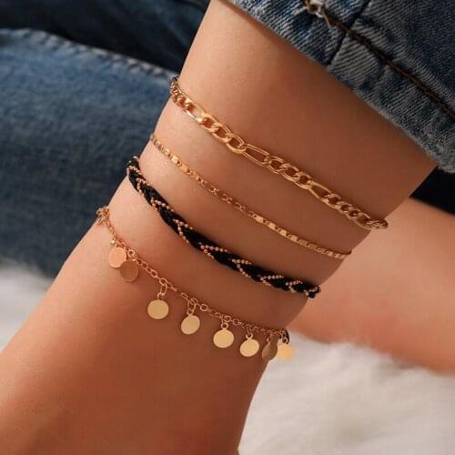 Docona 4pcs/set Simple Gold Sequins Tassel for Women Anklet Set Handmade Black Rope Foot Chains 2021 Fashion Jewelry 14120