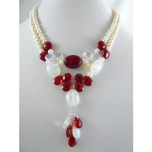 Womans elegant accessory! 2 row white pearl& red jades stone necklace