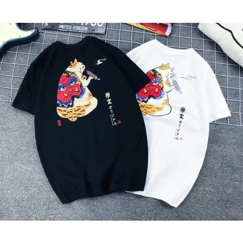 Japanese Devil Prajna Hannya Print T Shirt Mens Cat Tattoo Casual Cotton Summer Motorcycle Biker T-shirt Hip Hop Tops Tee Shirt