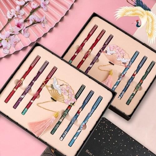 Retro Exquisite Hollow Folding Fan Metal Bookmark Set Exquisite Tassel Chinese Crane Neutral Pen Black Water Pen Gifts