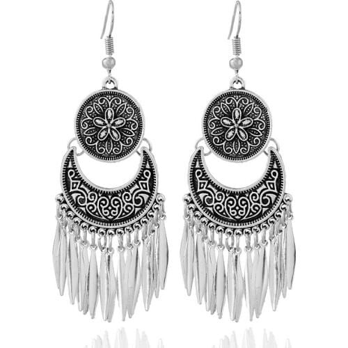 Fashion Boho Drop Long Tassel Earrings For Women Jewelry Vintage Antique Silver Plated Carved Flower Bohemian Drop Earrings