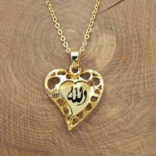 NM12374 Muslim Pure Gold Color Heart Shaped Allah Necklace Copper Allah Necklace 18inch-32inch