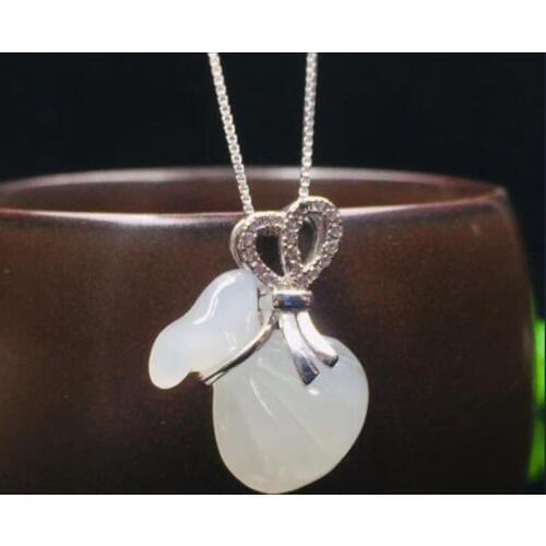 S925 Silver Chinese Hand-carved Hetian White Jade Purse Pendant Necklace Lucky Amulet Fine Jewelry