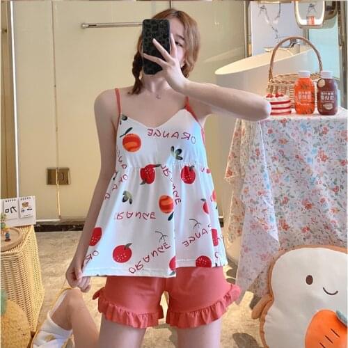 Sling Pajamas Womens Milk Silk Cartoon Sexy Fruit Print Casual Home Service Suit with Chest Pad Variety of Options Sleepwear