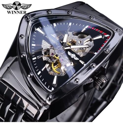 WINNER Black Automatic Watch Men Irregular Skeleton Military Wristwatch Triangle Mechanical Watches Stainless Steel Relogio
