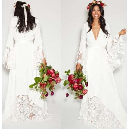 Simple Bohemian Long Sleeves Deep V Neck Hippie Beach Wedding Gown Plus Size Wedding Dresses