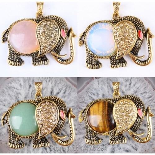 Tigers Eye Coin Bead Gem Crystal Alloy Elephant Pendant 1PCS
