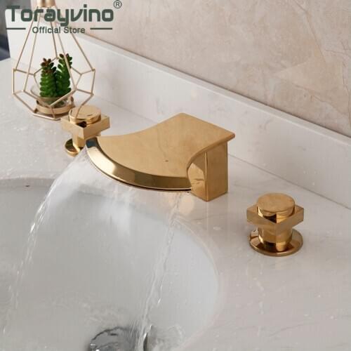 Torayvino 3 Pcs Bathroom Bathtub Faucet Golden Plated Basin Sink Deck Mounted Faucets Double Handle Waterfall Spout Mixer Tap