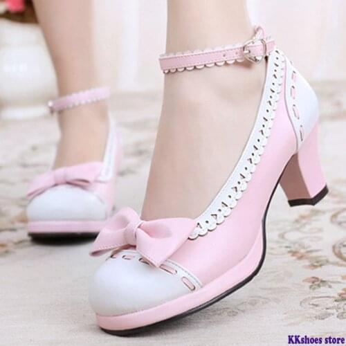 Princess Girl Lolita Bow Cute Jk Student Round Head High-heeled And Sweet Shoes Vintage Sweet Lolita Shoes Cos Loli