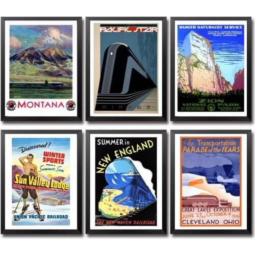 USA United Stats American Train Chicago Park Zion Lines Vintage Travel Poster
