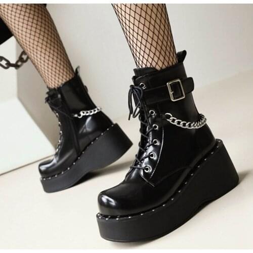 2021 Lapolaka Female Boots Wedges Round Toe Buckle Strap High Heel Ankle Booties With Chain Comfy Women Shoes Large Size 43