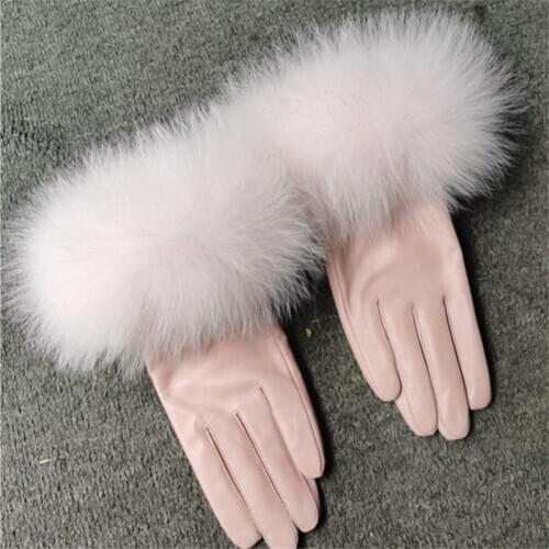 Winter Plus Velvet Genuine Leather Women Gloves Real Fox Fur Lady Sheepskin Gloves Gants Femme