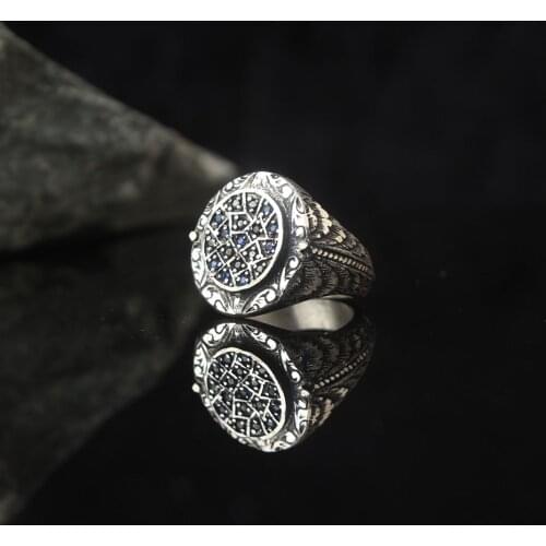 Dark Blue Zircon 925 Silver Engraved Traditional Handmade Turkish Signet Ring Jewelry Gift for Women Men