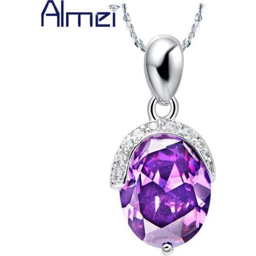 Almei 15%Off Long Necklaces Purple/ Blue Oval Pendant&Necklace for Women Blue Purple Zircon Lady 2017 Mujer Silver Jewelry N481