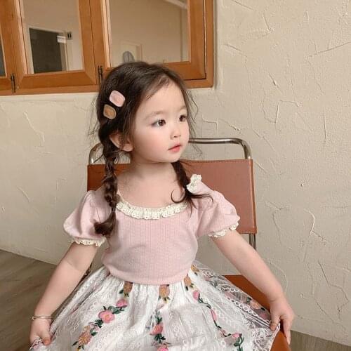 2021 Summer New Korean Style Baby Girls Lace Princess T-shirts Pure Color Soft Cute Tops Children Tees 4 Colors