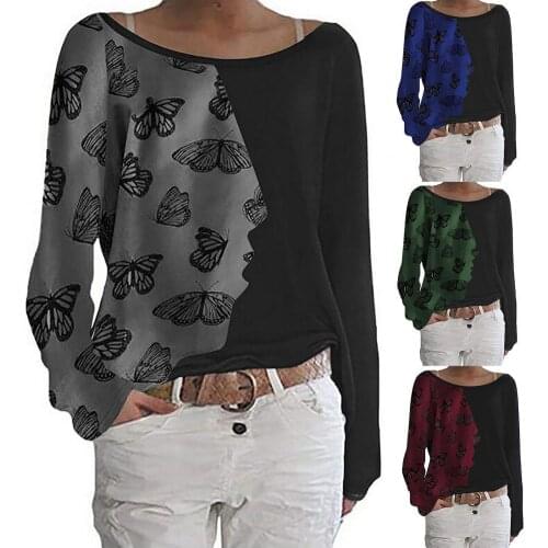 Autumn Fashion O-Neck Women Blouses Elegant Butterflies Patchwork Print Pullover Tops Spring Casual Long Sleeve Loose Lady Shirt