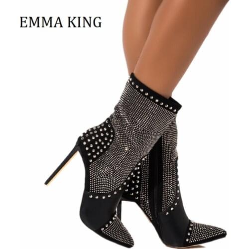2021 Spring Women Rhinestone Stiletto Heel Booties Sexy Pointed Toe Faux Leather High Heel Boots Bling Crystal Party Dress Shoes