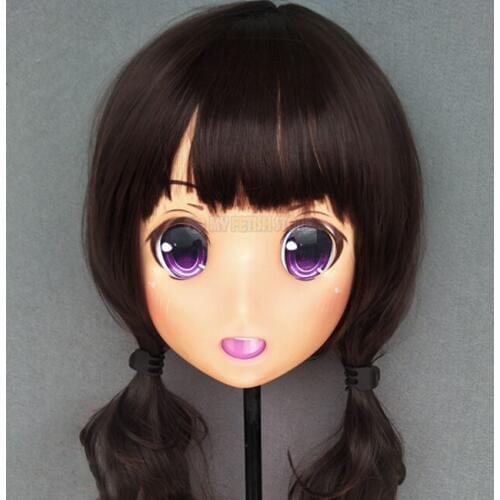 Caomei-02)Female Sweet Girl Resin Half Head Kigurumi Crossdress Cosplay Japanese Anime Role Lolita Doll Mask With Eyes And Wig