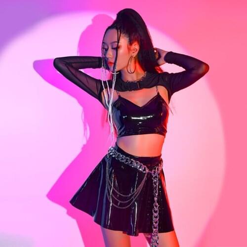 Black Leather Bra Miniskirt Women Jazz Dance Costume Nightclub Bar Dj Performance Clothing Drag Queen Gogo Dancer Outfits BL6524