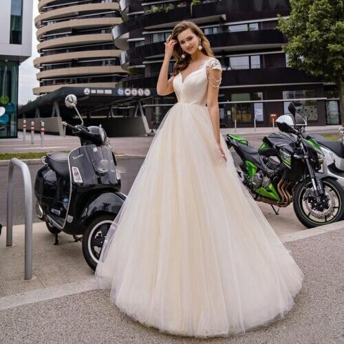 Eightale Wedding Dresses 2020 Cap Sleevs Scoop Lace Appliques A Line Open Back Princess Bridal Gowns Beading Vestidos De Noiva