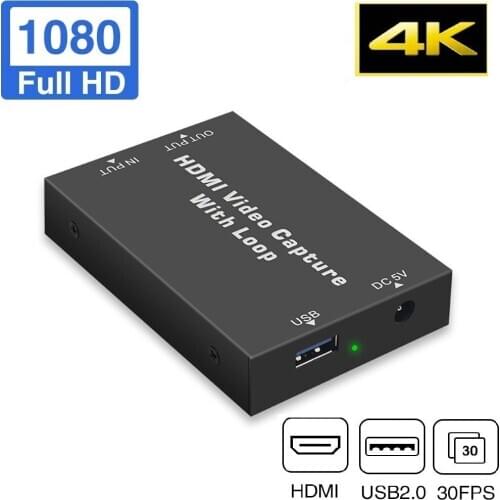 USB2.0 HDMI Capture Card with loop surport 4K input, OBS, VLC,Live broadcosting, 1080P30fps,UVC for Wins, MAC, Linux, Android os