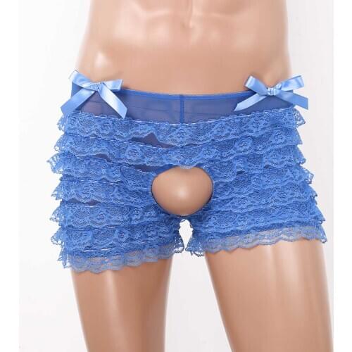 Mens Gay Underwear Open Crotch Crotchless Panties Gay Sissy Panties Floral Lace Lingerie Erotic Porno Sexy Boxer Shorts