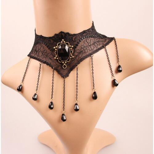 New Elegant Design Black Teardrop Crystal Tessels V shape Nice Lace Women`s Choker Collar Necklace