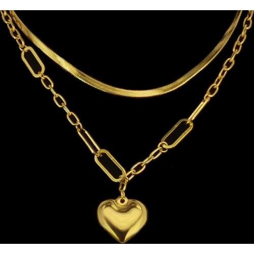 Stainless Steel Necklace Thick Chain Necklace Lover Heart Pendant Necklaces for Women Multilayer Necklace Heart Jewelry Gift