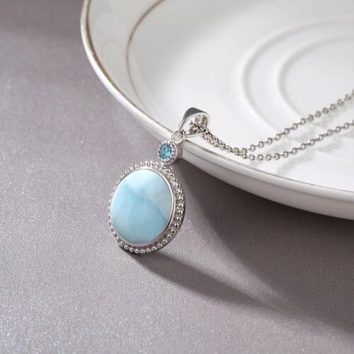 Retro Plated Gold 925 Sterling Silver Topaz Pendant Necklace Natural Precious Round Dominica Larimar Jewelry Gifts for Woman